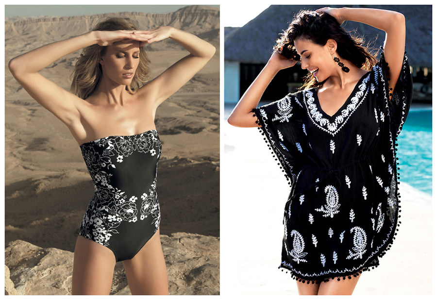 monochrome swimwear - exotic floral prints