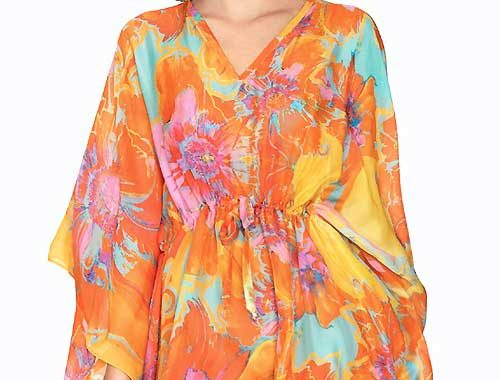 A beautiful, floaty kaftan from Roidal in bright orange, purple and turquoise