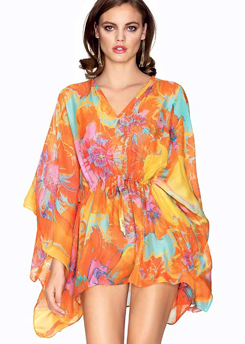 A beautiful, floaty kaftan from Roidal in bright orange, purple and turquoise