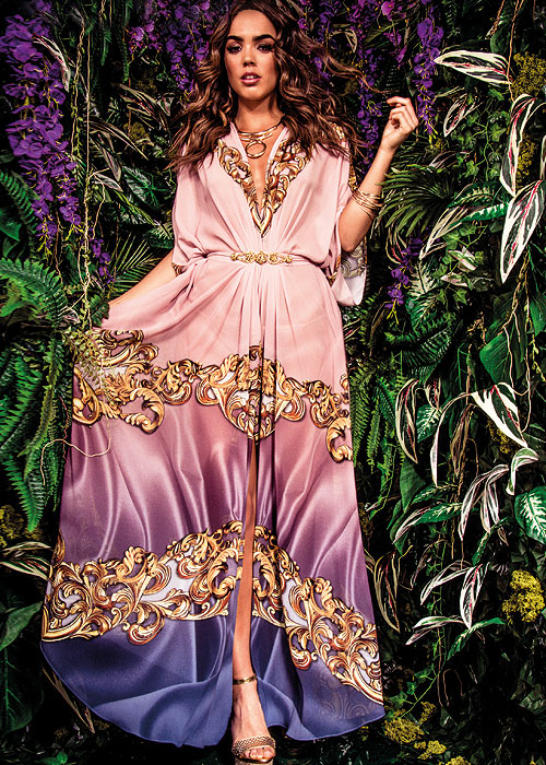 A beautifully modest floor length kaftan by Forever Unique in purple and gold